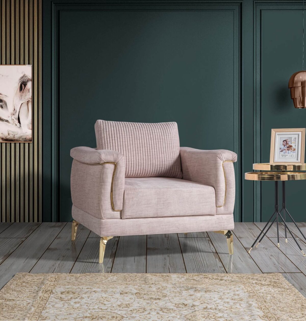 Rosé Sessel – Chesterfield-Design, Goldakzente, mit Kissen