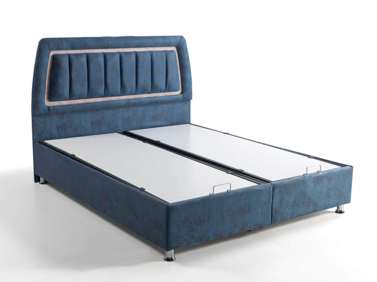 Boxspringbett mit Stauraum und Polsterkopfteil in Blau