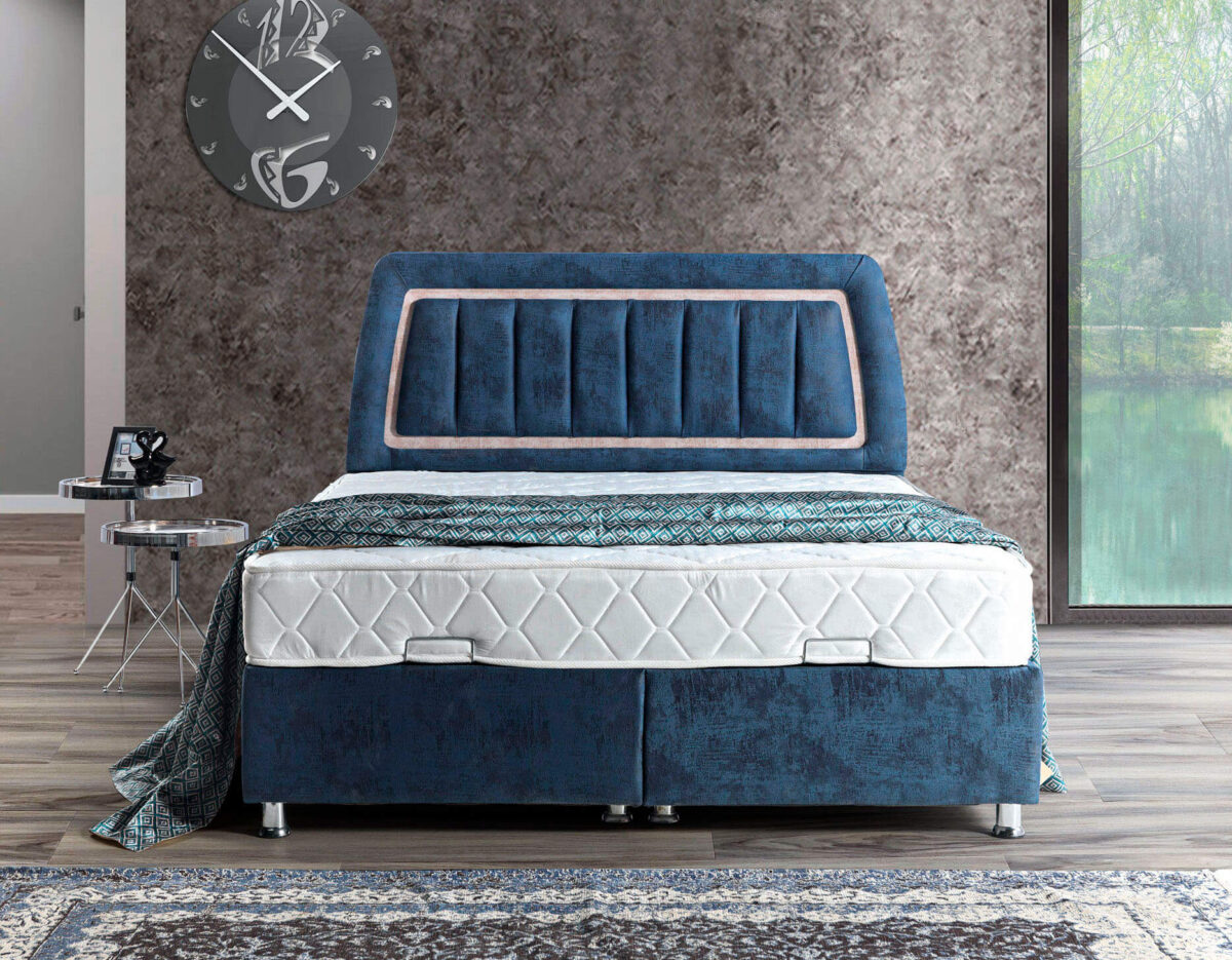 Boxspringbett mit Stauraum und Polsterkopfteil in Blau – Bild 4