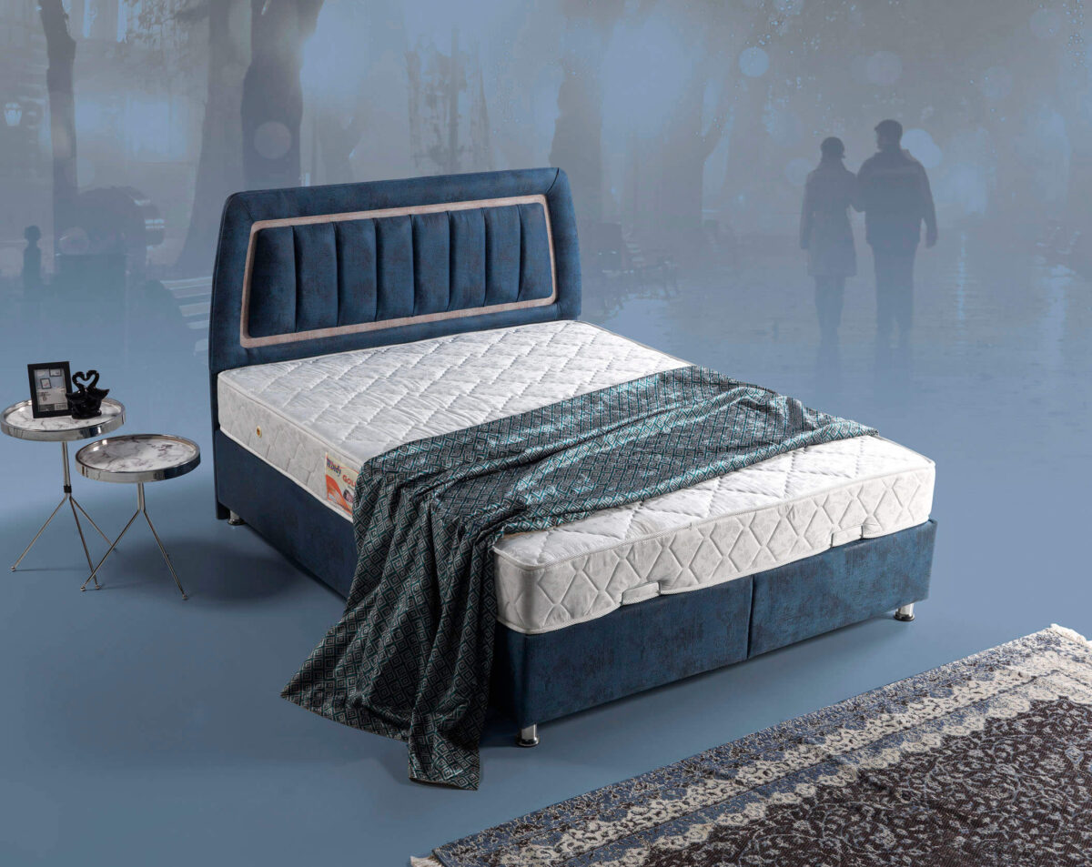 Boxspringbett mit Stauraum und Polsterkopfteil in Blau – Bild 5