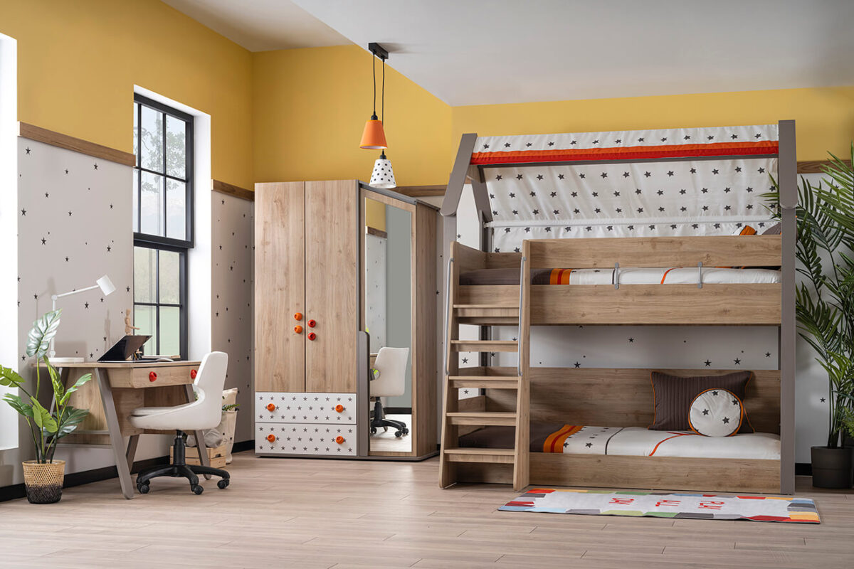 Kupa Montessori Hut Etagenbett – 123/155×212×227 cm, mit Treppe & Hausdach – Bild 3