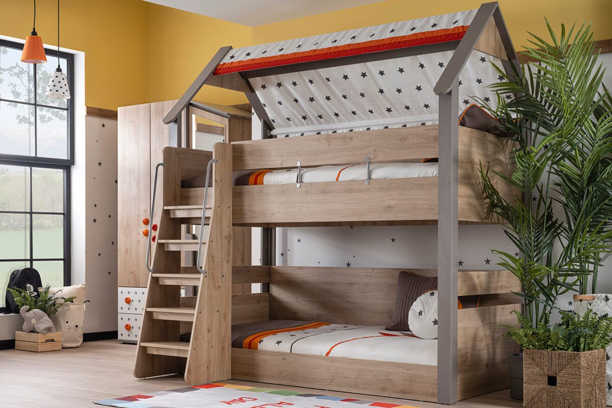 Kupa Montessori Hut Etagenbett – 123/155×212×227 cm, mit Treppe & Hausdach – Bild 4