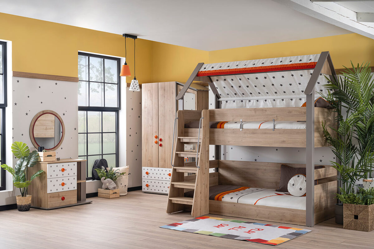 Kupa Montessori Hut Etagenbett – 123/155×212×227 cm, mit Treppe & Hausdach – Bild 6