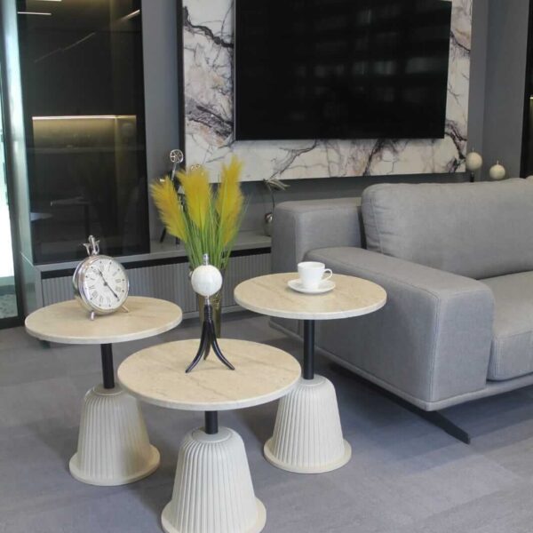 Milano 3-teiliger Couchtisch, fugenloser Travertin, matter Mondstein, matter Atlas