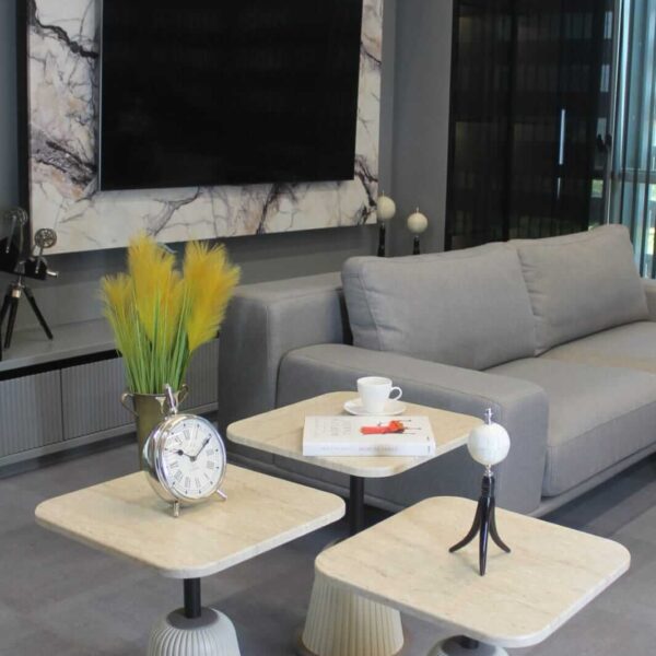 Venedik 3-teiliger Couchtisch, fugenloser Travertin, matter Mondstein, matter Atlas