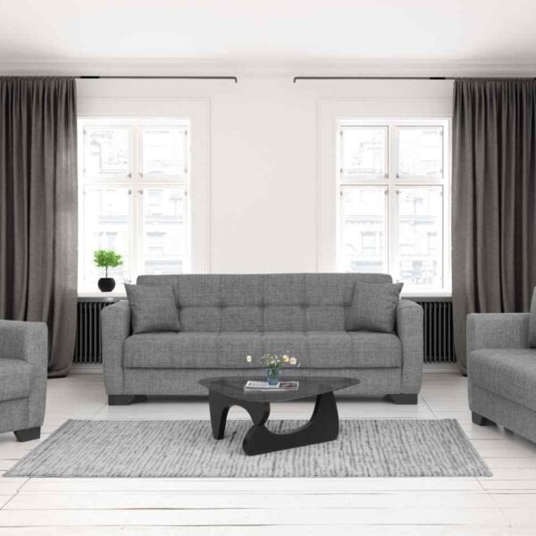 Hellgrau, dekorative Sitzgruppe mit Schlaffunktion.