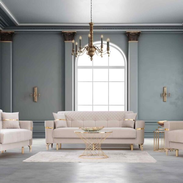 Sofagarnitur Lucca mit cremefarbenen und goldenen Details