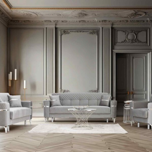 Sitzgruppe mit grauem Stoffbezug und silbernen Details