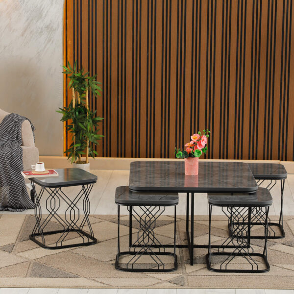 Alternative view of 5-in-1 Couchtisch Set mit Schwarz Metallfuß  – Platzsparender Satztisch mit 4 Hockern – Moderner Beistelltisch für Wohnzimmer