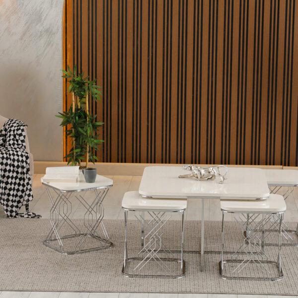 Couchtisch Chrom-Optik – Multifunktionaler Satztisch – 5er Set Beistelltisch mit gepolsterten Hockern