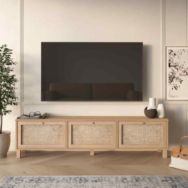 Dune TV-Lowboard mit Holzfüßen – 3 Türen mit Jutegeflecht